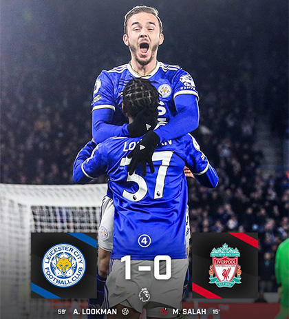 Liverpool 0-1 Leicester vince 2 turni
